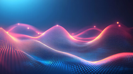 Abstract infographics featuring a wavy glow grid data design with blurred lines on a blue background. This 3D grid data chart serves as a banner for big data themes.



