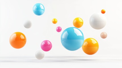 A 3D rendering of colorful spheres and cubes suspended over a clean white background.