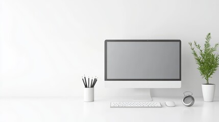 Fototapeta premium A compact, minimalist desktop computer setup on a clean white background. Ideal for tech, workspaces, and productivity themes.