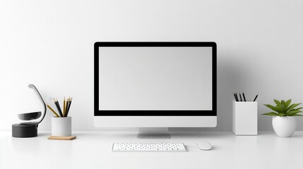 Fototapeta premium A compact, minimalist desktop computer setup on a clean white background. Ideal for tech, workspaces, and productivity themes.
