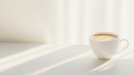 A cozy coffee cup on a white surface, with gentle morning sunlight streaming in from the side.