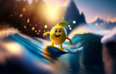 A smiling yellow character with a green leaf on top rides a surfboard on a blue wave.