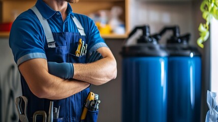 A skilled technician stands confidently with tools, showcasing expertise in plumbing and maintenance in a clean workshop environment.