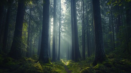 Obraz premium A serene forest scene with towering trees, sunlight filtering through the foliage, creating a peaceful and mystical atmosphere.