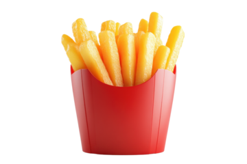 Crispy golden French fries in a red container on a white isolated background.