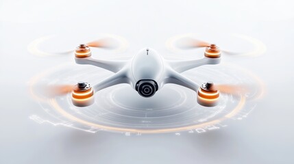 A sleek drone hovering over a white background, with GPS markers and navigational overlays.