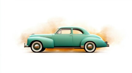 A vintage car model displayed on a white background with faded colors and grainy texture.