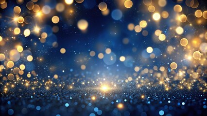 Obraz premium Abstract background of dark blue and gold particles with Christmas golden light shine bokeh on navy blue background