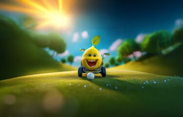 A smiling lemon in a golf cart on a green golf course. The sun is shining brightly in the background.