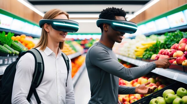 Two individuals engage with augmented reality technology while shopping in a colorful grocery store filled with fresh produce and fruits