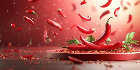 Red chili peppers falling into a bowl with chili flakes and green leaves on a red background.