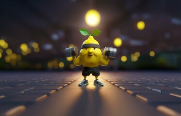 A yellow lemon character with green leaves lifting weights, wearing a headband and athletic shorts on a dark cobblestone path.