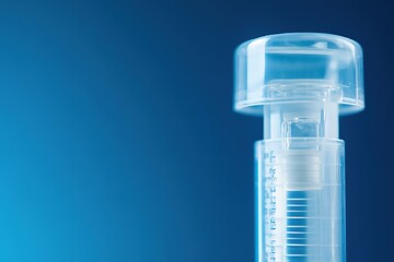 Close-up of medical syringe on blue