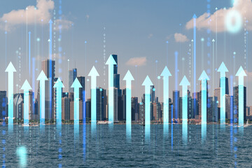 Chicago skyline with digital upward arrow graphics overlaid.