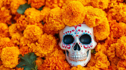 Background for Dia de los Muertos or Day of the Dead celebration featuring a skull decorated with marigold flowers. Represents traditional Mexican festivities