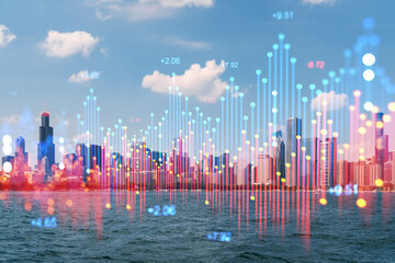 Chicago skyline with financial data overlay on a clear day.