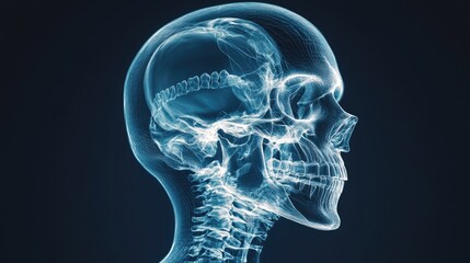 Head x-ray image, detailed skull bones and jaw, 3D illustration