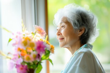 晴れの日に介護施設内の部屋から外を眺めるシニア女性