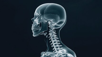 Human skull x-ray with neck vertebrae, clinical view, 3D illustration