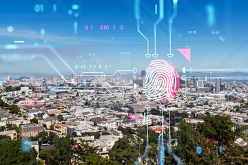 Digital fingerprint overlay on cityscape with blue sky and technology elements.