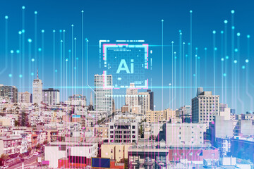AI technology concept over San Francisco cityscape background.