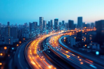 A stunning urban sunset view showcasing illuminated highways winding through a vibrant cityscape, reflecting modern city life.