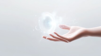 Digital holographic interface floating in mid-air with a hand interacting, isolated on a white background. High-tech, futuristic, and clean.