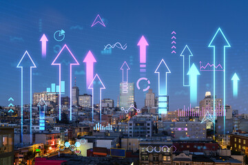 San Francisco cityscape with digital data infographics overlay at dusk.