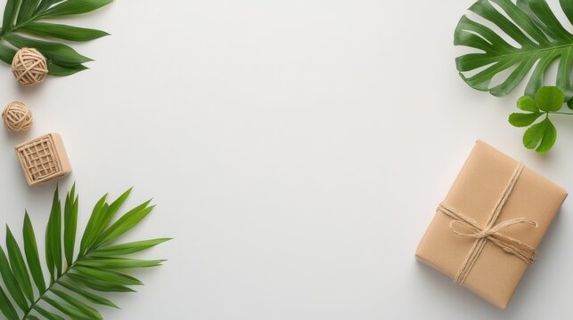 Eco-friendly packaging on a clean white surface, featuring natural fibers and green plant accents.