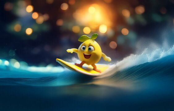 A yellow cartoon fruit with a green leaf rides a surfboard on a wave in a blue sea. - Powered by Adobe