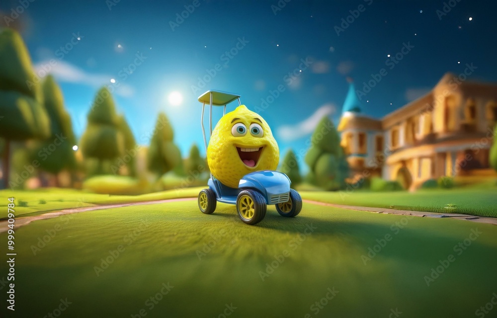 Wall mural a smiling lemon in a blue toy car drives on a green grassy path.