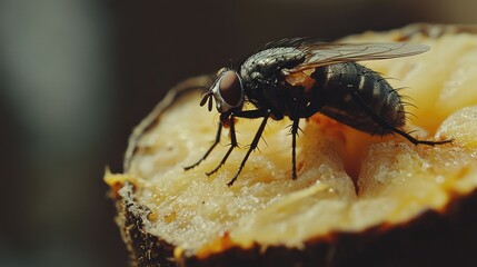 A fly on a rotting piece of fruit, contributing to the decomposition process in nature.