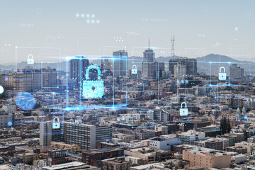 Digital security concept over San Francisco cityscape.