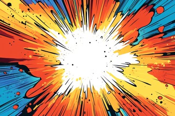 A comic book-style cartoon explosion with a white center and orange, red, yellow, and blue colors in the background.