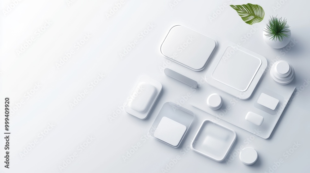 Poster floating interactive buttons and ui elements over a white background, designed with depth and dimens