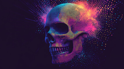 Original vector illustration in neon retro style featuring an abstract skull with an open jaw, accompanied by a sunset and palm trees. Original design intended for t-shirt print