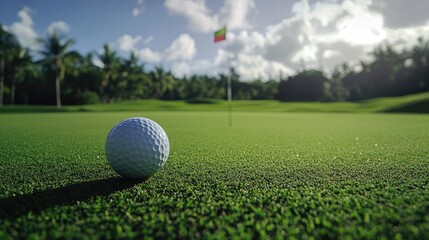 Obraz premium A golf ball sitting on a tee, with a lush green course and a distant flag in the background, ready for the perfect swing.