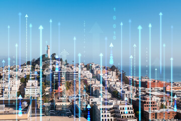 San Francisco cityscape with digital arrows and data symbols overlay.
