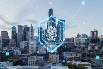Digital fingerprint overlay on Seattle skyline, concept of cybersecurity.