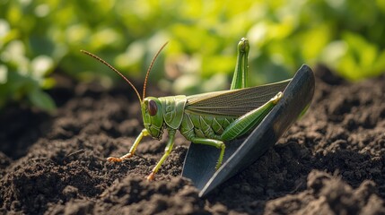 A grasshopper resting on a garden hoe, adding a touch of nature to the tools of gardening.