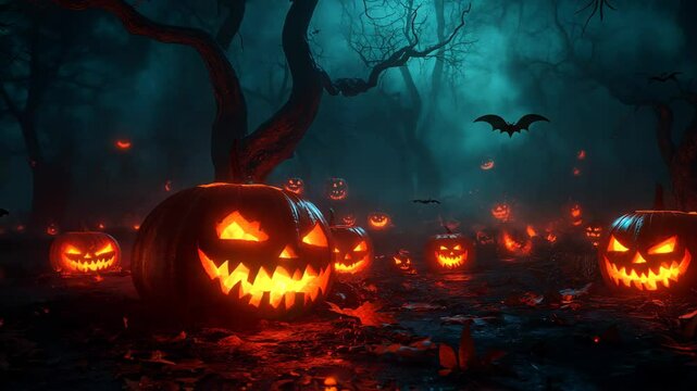 Pumpkins with carved faces against a background of a mysterious forest and blue sky, flying bats creating a mystical Halloween atmosphere. Suitable for Halloween decorations and events