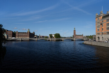 Stockholm, Sweden - 22nd of July 2023. Stockholm harbour with the town hall in the background.