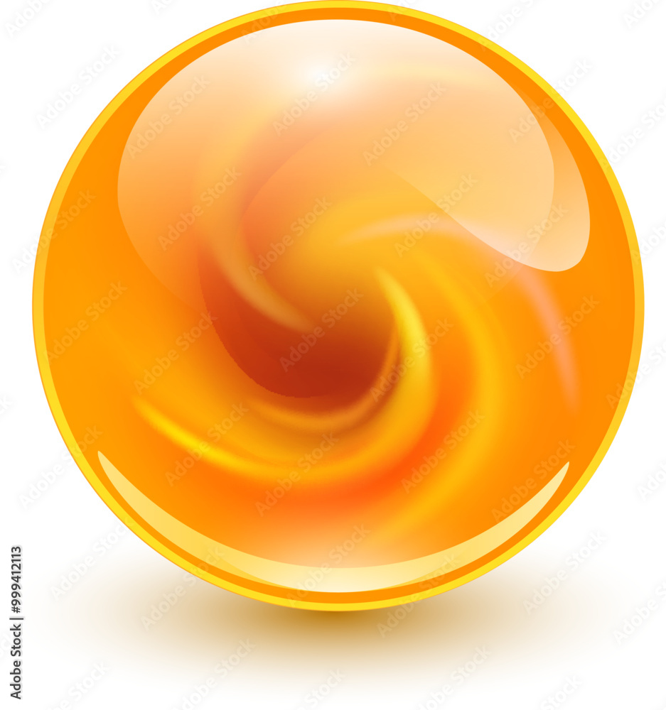 Poster glass ball with abstract spiral shape inside, shiny sphere with interesting marble pattern, 3d illus