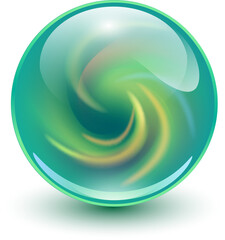 Glass ball with abstract spiral shape inside, shiny sphere with interesting marble pattern, 3d illustration.