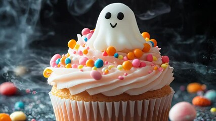 Cupcake with a cute icing ghost and colorful candies, creating a fun and festive Halloween atmosphere. Suitable for children's parties, holidays, and dessert tables