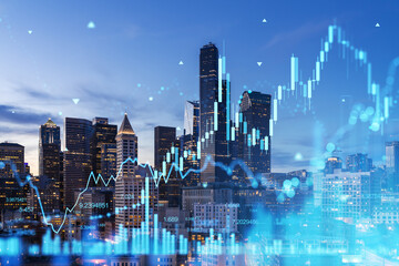 Seattle cityscape with financial data graphs overlayed, evening view.