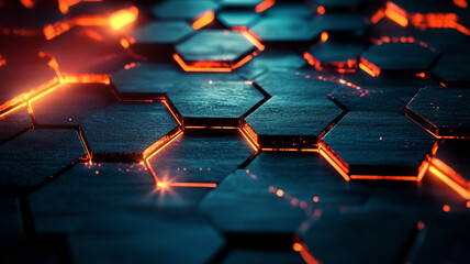Fototapeta premium Intricate hexagonal patterns glowing with vibrant orange lights in a dark setting at night