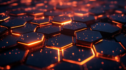Fototapeta premium Hexagonal patterns glowing in vibrant orange and black, illustrating a dynamic and fiery texture