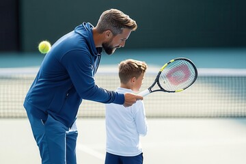 A tennis coach demonstrating a serve to a young athlete on a bright, sunny court, captured from a sideangle perspective to highlight skill development and sports performance