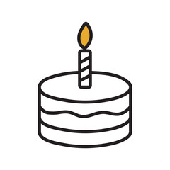 Hand drawn icon of a cake with a candle; isolated on a white background. Happy birthday greeting birthday logo.